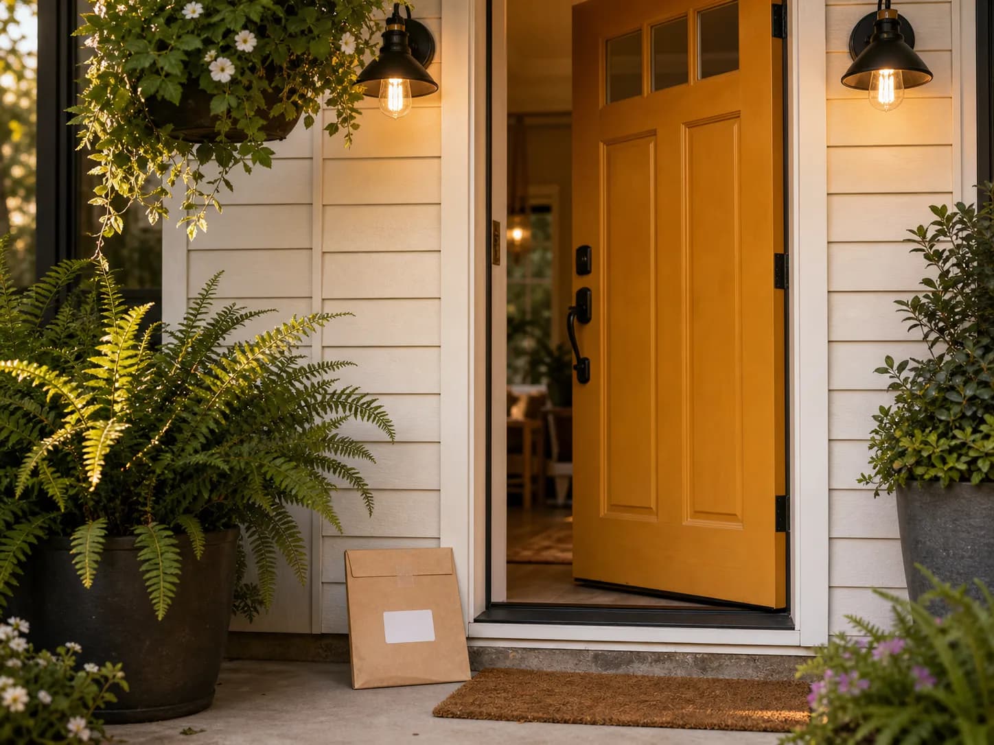 A warm front porch with a realistic delivered records mailer by an open door