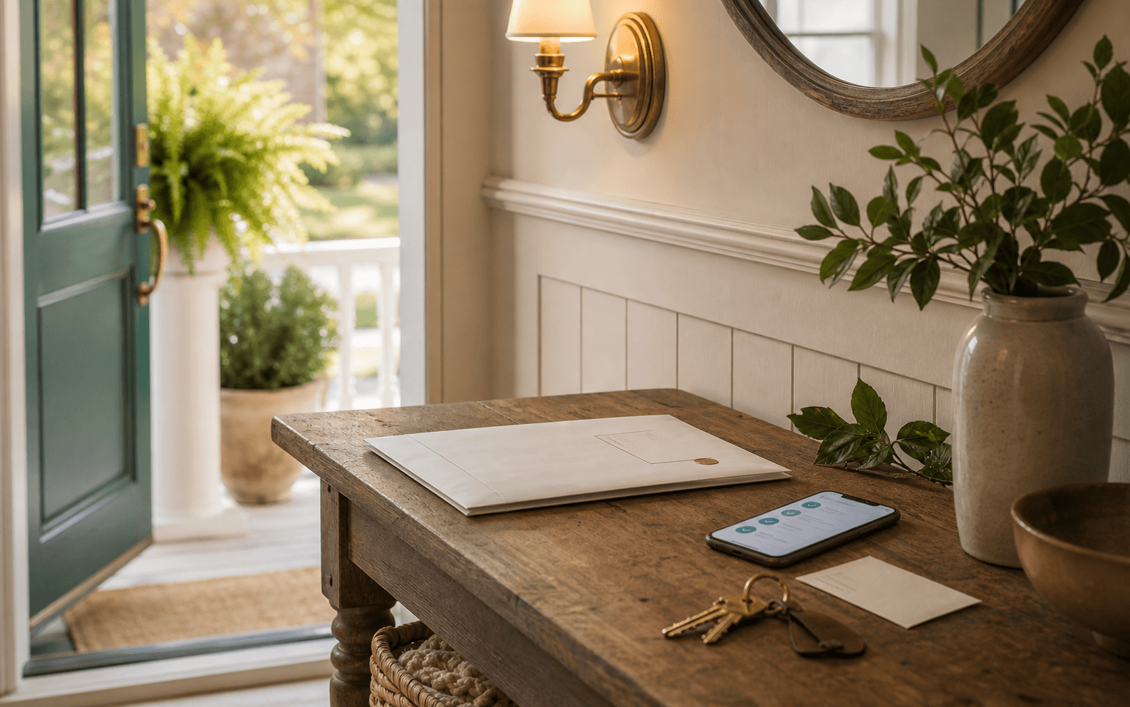 A warm entryway with keys, a phone, and a sealed document packet